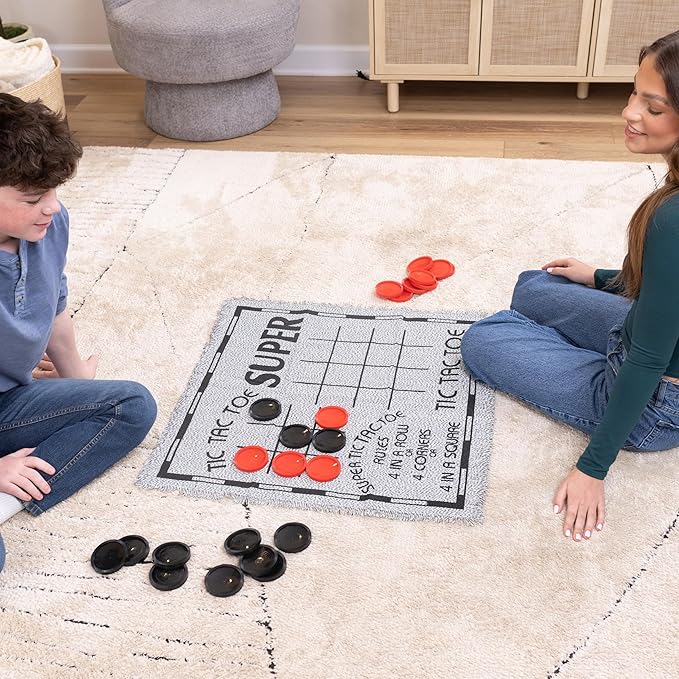 3-in-1 Vintage Giant Checkers Set, Tic Tac Toe with Reversible Mat, 24 Jumbo Chips, Family Board