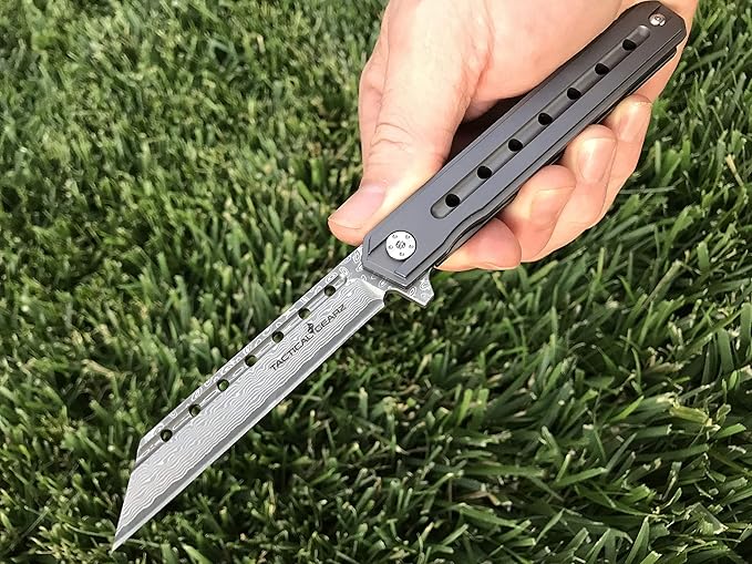 TACTICAL GEARZ Damascus Pocket Knife for EDC, Solid Titanium Handle, 67 Multi-Layered Damascus