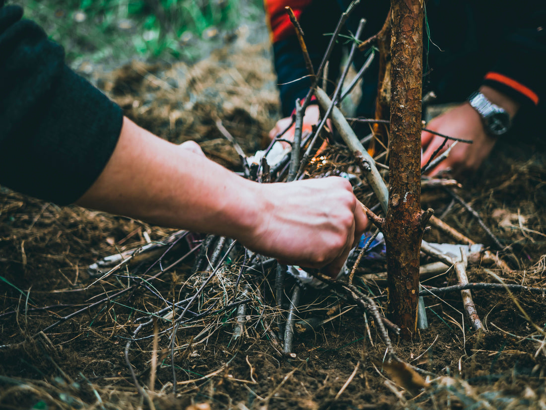Close-up of hands arranging sticks to start a campfire in a forest adventure setting.