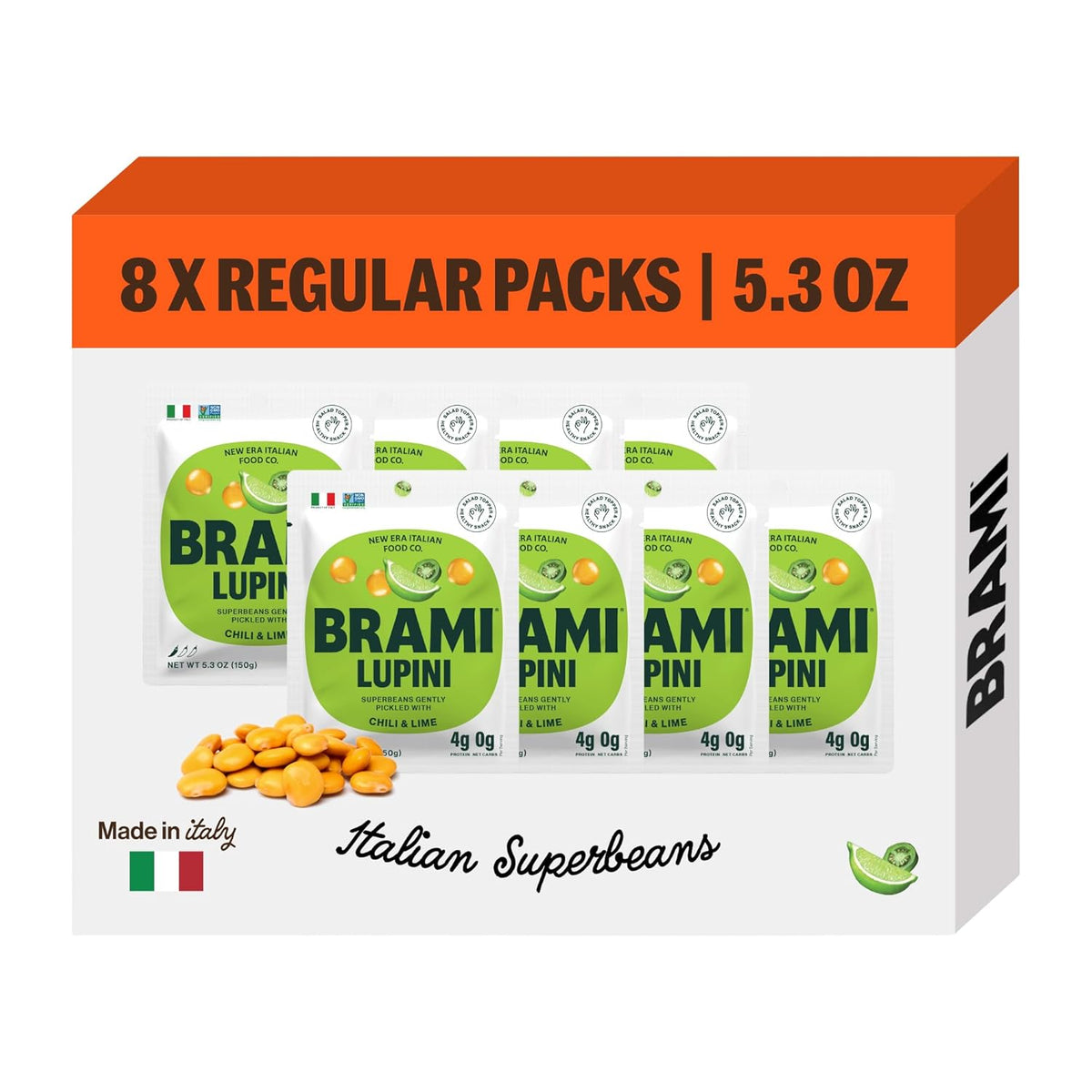 BRAMI Lupini Beans Snacks – Chili & Lime, Mediterranean Protein Snack, 0g Net Carbs, Vegan & Keto