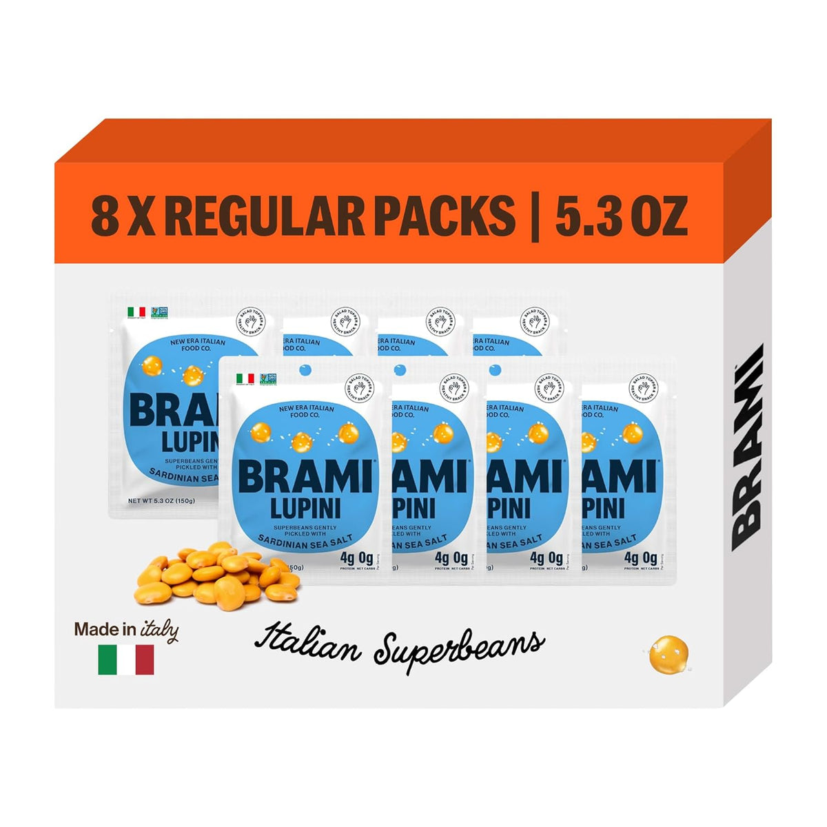 BRAMI Lupini Beans Snacks – Sardinian Sea Salt, Mediterranean Protein Snack, 0g Net Carbs, Vegan &