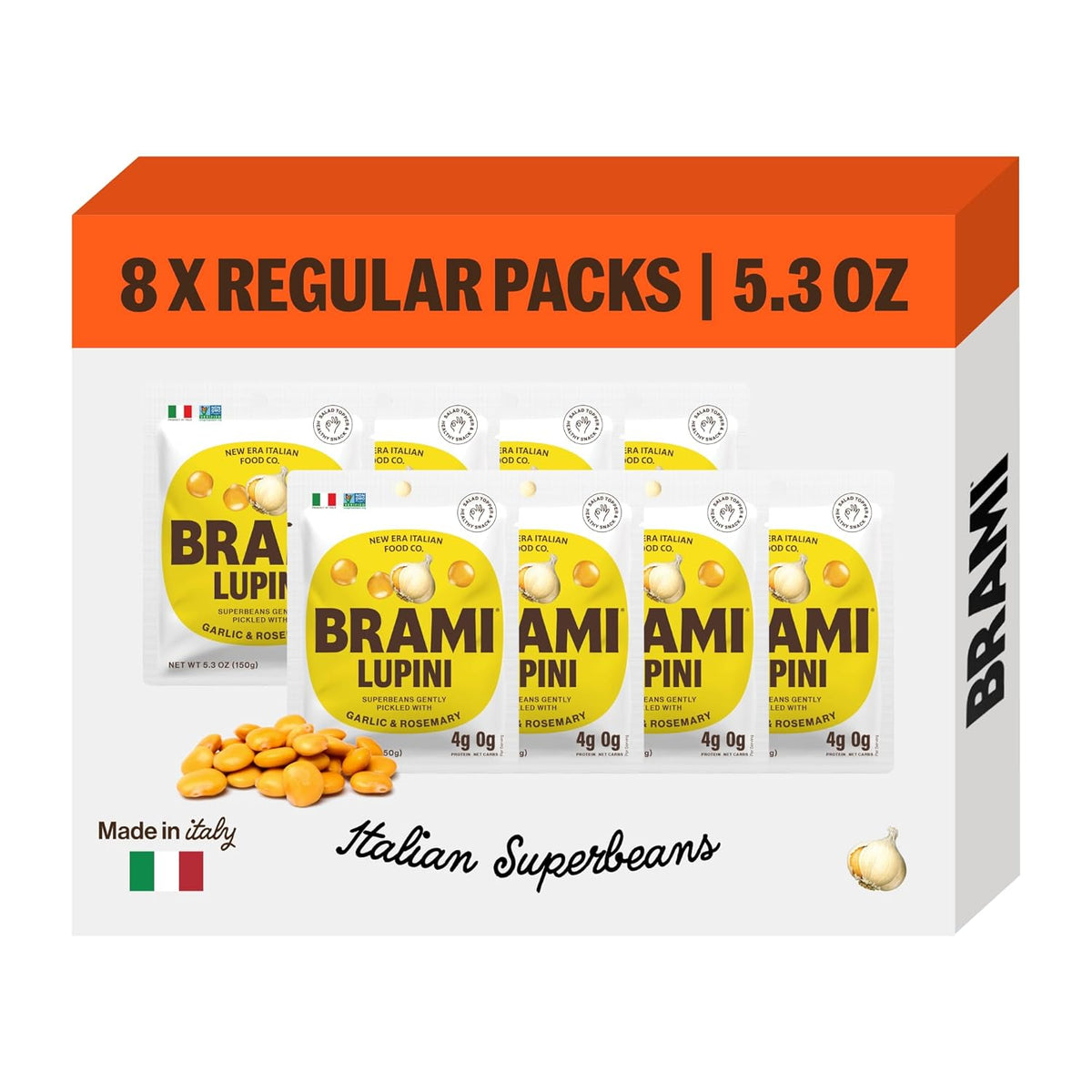 BRAMI Lupini Beans Snacks – Garlic & Herb, Mediterranean Protein Snack, 0g Net Carbs, Vegan & Keto