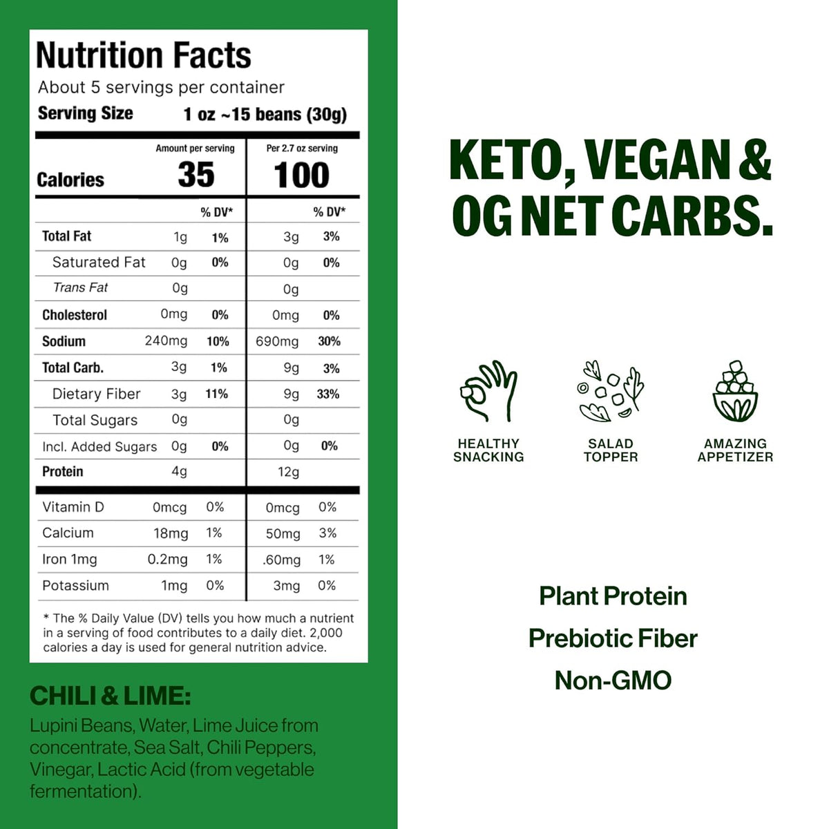 BRAMI Lupini Beans Snacks – Chili & Lime, Mediterranean Protein Snack, 0g Net Carbs, Vegan & Keto