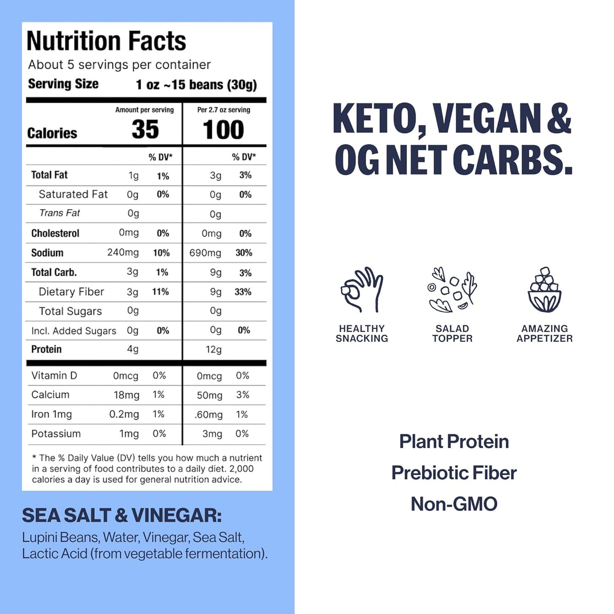 BRAMI Lupini Beans Snacks – Sardinian Sea Salt, Mediterranean Protein Snack, 0g Net Carbs, Vegan &