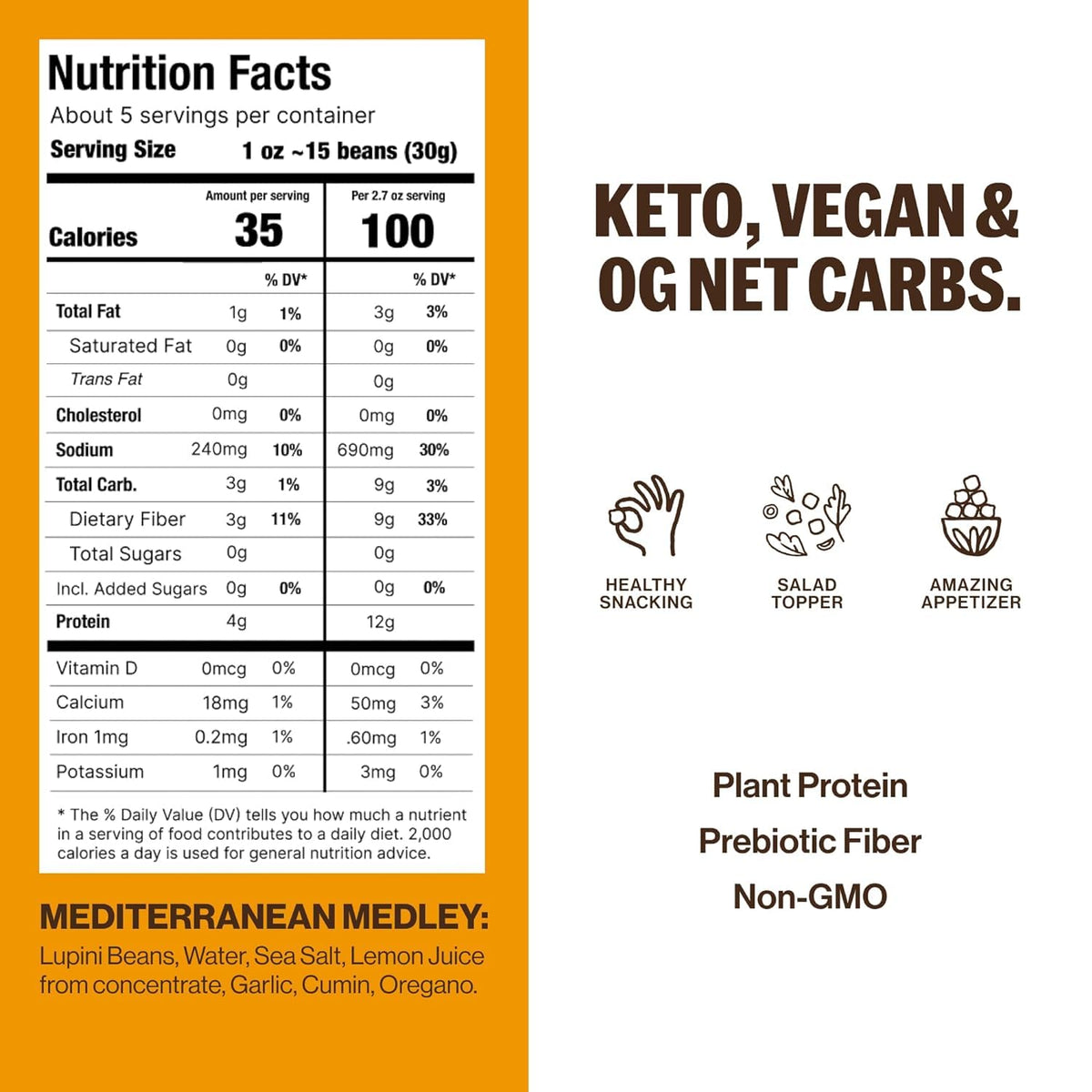 BRAMI Lupini Beans Snacks – Mediterranean Medley, Mediterranean Protein Snack, 0g Net Carbs, Vegan