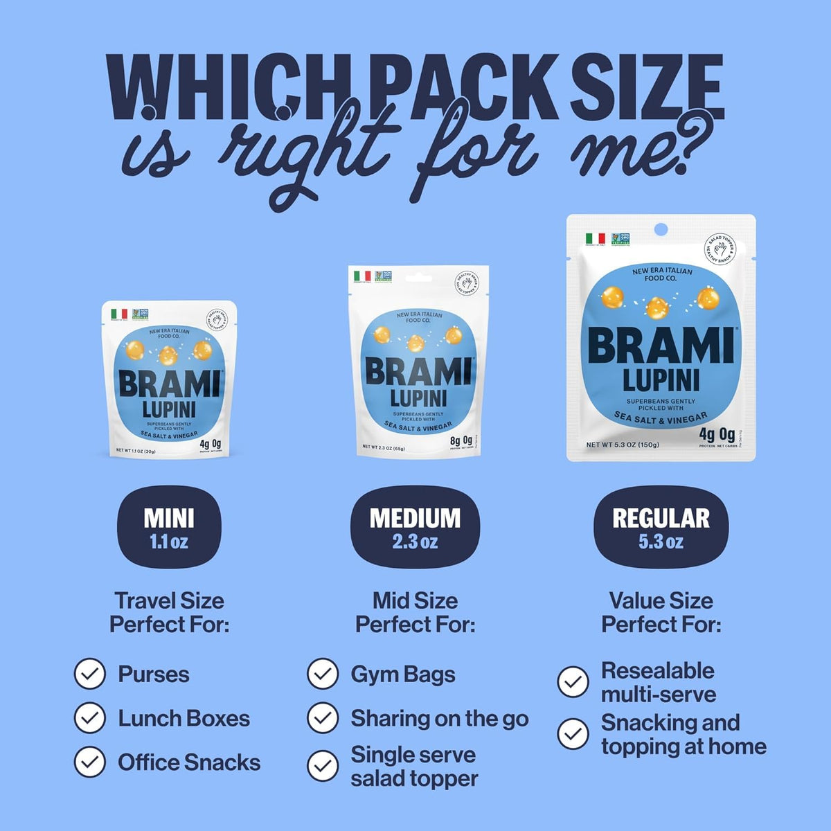 BRAMI Lupini Beans Snacks – Sardinian Sea Salt, Mediterranean Protein Snack, 0g Net Carbs, Vegan &