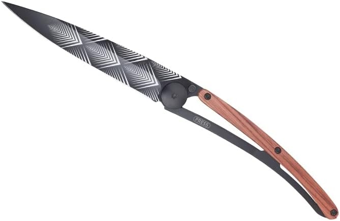 deejo - 0.9 OZ, Black Titanium, Coral Wood, Art Déco - Ultra-Light Folding Pocket Knife with a Belt