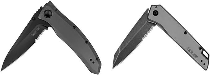 Kershaw Grid Folding Pocket Knife, 3.7 inch Black Serrated Blade, Steel Handle, Pocketclip &