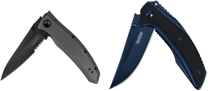 Kershaw Grid Folding Pocket Knife, 3.7 inch Black Serrated Blade, Steel Handle, Pocketclip & 3-Inch