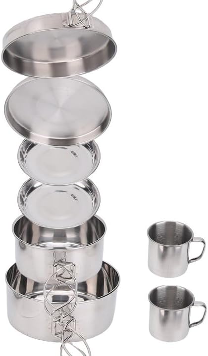 8PCS Stainless Steel Camping Cooking Set Cookware Mess Kit Cook Pots and Pan Set with Plates Cups