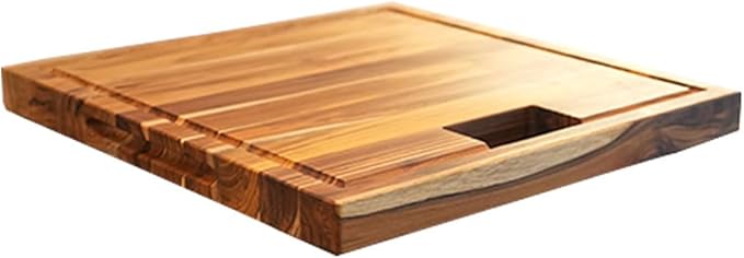 EcoDecors, Teak Edge Grain Cutting Board 17"x18", Solid FSC Teak Wood Butcher Block with Juice