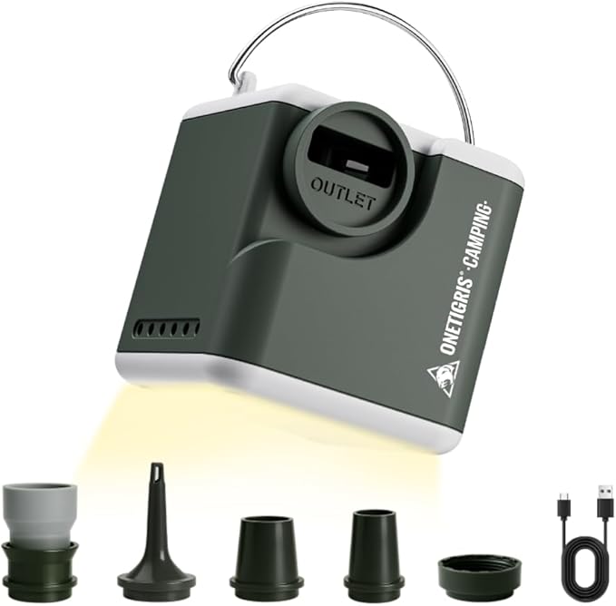 OneTigris Portable Air Pump for Inflatables,Mini Air Mattress Pump with Camping Light&2400 mAh