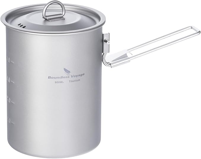 iBasingo 900ml Titanium Camping Cup with Lid Lightweight Portable Camping Pot for Backpacking