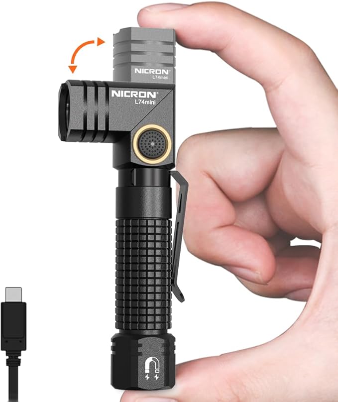 NICRON EDC Flashlights Rechargeable, 90 Degree Flashlight with Magnet 400 High Lumens L74 Mini