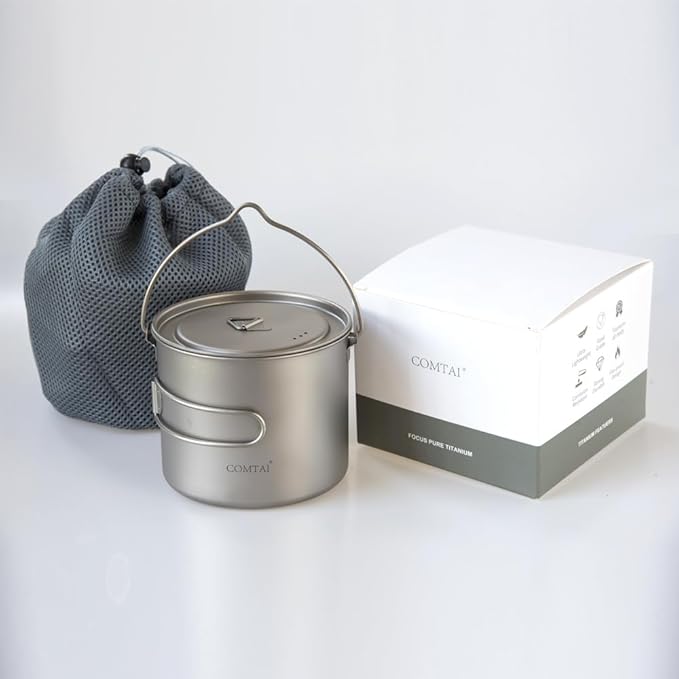 1100ml Titanium Camping Pot with Lid & Bail Handle, Lightweight Backpacking Cookware for Outdoor