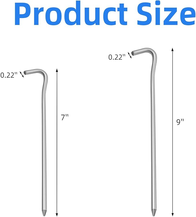 7" Tent Stakes, Heavy Duty Tarp Camping Stakes, Galvanized Metal Pegs for Outdoor Decorations, 20