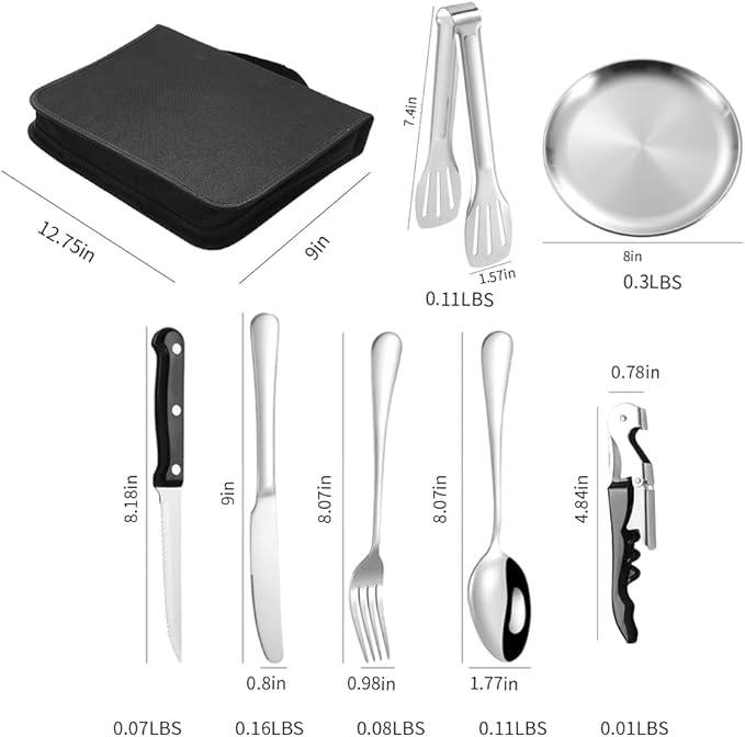 Camping Silverware Silver Picnic Plates and Utensils Set for 4 Portable Tableware Stainless Steel