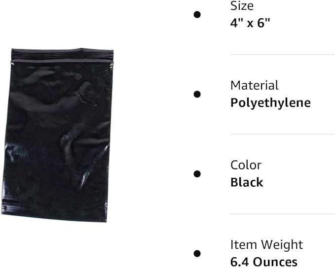 uGems 4" x 6" Black Resealable Zip Lock Bags – 100 Pack of Opaque Plastic Storage Bags for Privacy