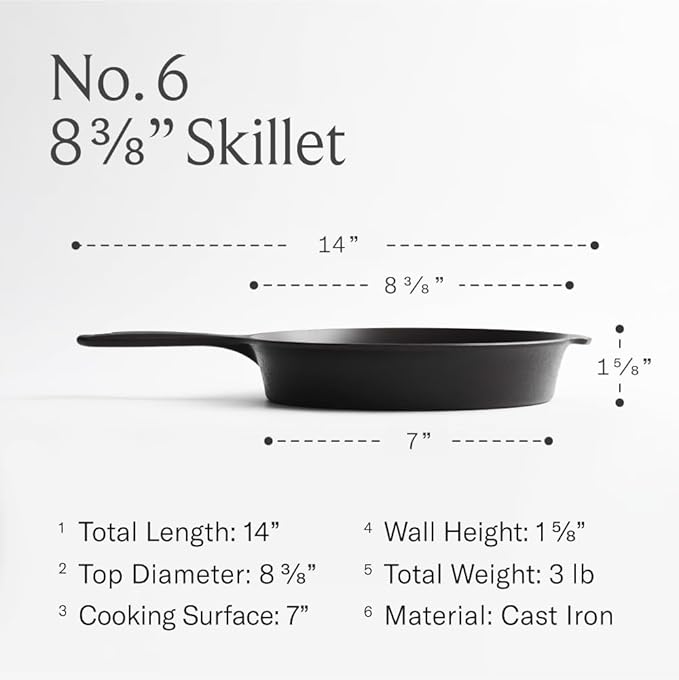 Field Company 8.38 Inch (Small) Cast Iron Skillet – No.6, Perfect for 2 Servings, Lightweight &