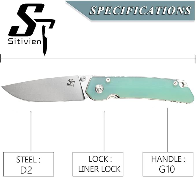 Sitivien ST128 Folding Knife,D2 Blade G10 Handle Safety Liner Lock EDC Tool Knife for Outdoor