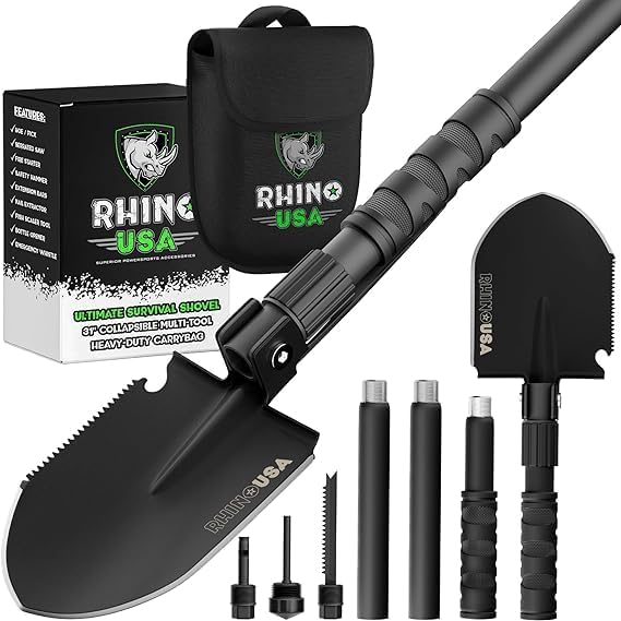 Rhino USA Survival Shovel w/Pick - Heavy Duty Carbon Steel Military Style Entrenching Tool for Off