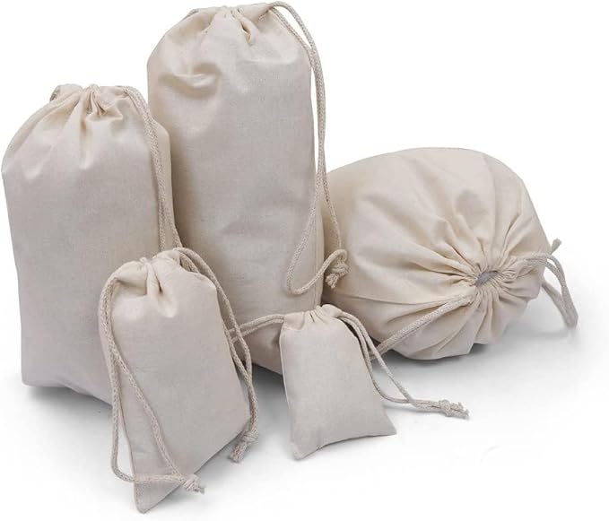 100Pcs 5 x 8 Inches Premium Cotton Muslin Double Drawstring Bags, Reusable Bag Natural Cotton Bags