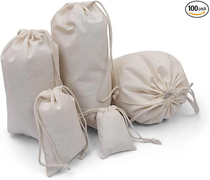 100Pcs 3 x 5 Inches Premium Cotton Muslin Double Drawstring Bags, Reusable Bag Natural Cotton Bags