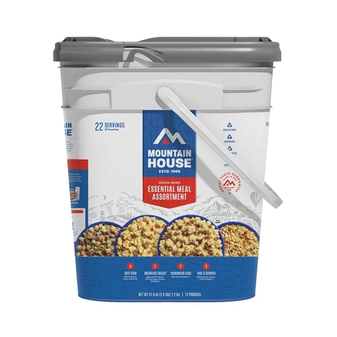Mountain House Essential Meal Assortment Bucket | Freeze Dried Backpacking & Camping Food | 22