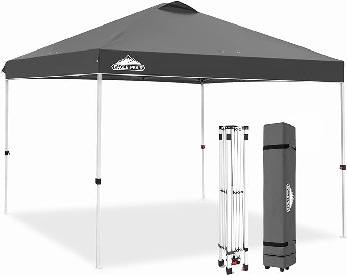 EAGLE PEAK Pop Up Canopy Tent with Wheeled Carry Bag, 8 Stakes, 4 Ropes, 4 Weight Bags, Easy Set Up
