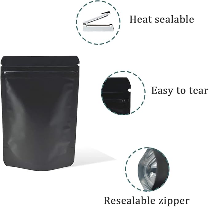 PABCK Stand-Up Resealable Heat Seal Bags 3.55mil Thick Mylar Frosted Black Foil Sealed Bags 50