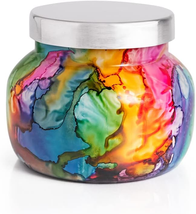 Capri Blue Volcano Candle - Rainbow Watercolor Petite Glass Jar Candle - Luxury Aromatherapy Candle
