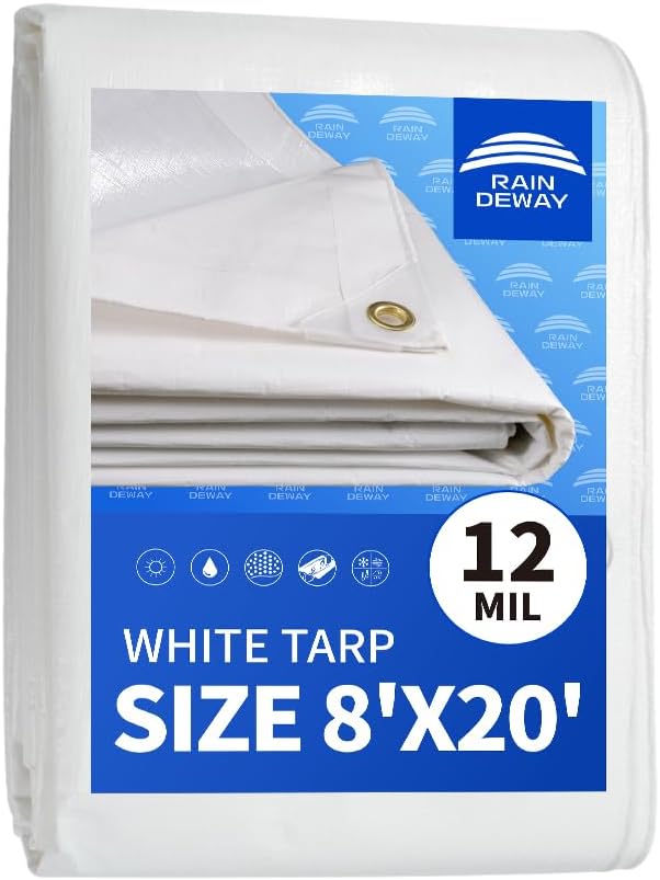 12 Mil Heavy Duty White Tarps 8' X 20', Extra Thick,Durable,Waterproof, UV Resistant, Weatherproof