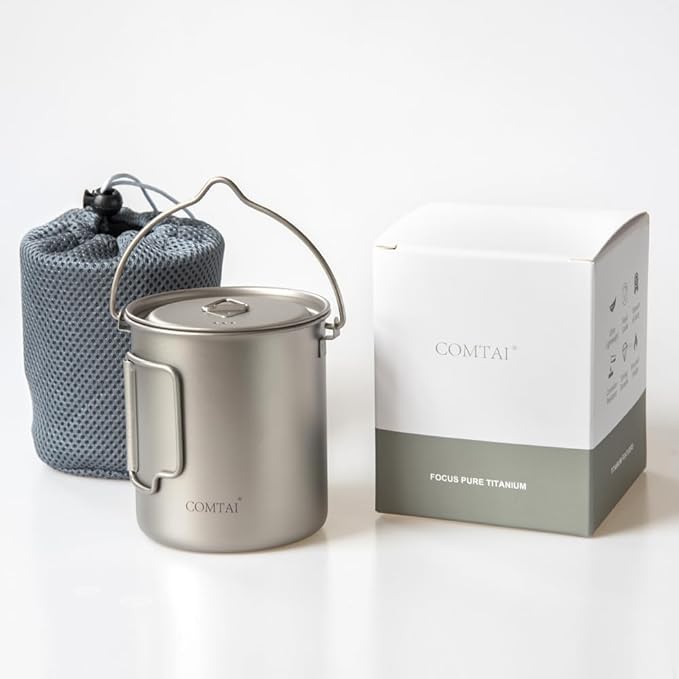 750ml/26oz Titanium Camping Pot with Lid and Foldable Handle, Ultralight Camping Mug for Hiking