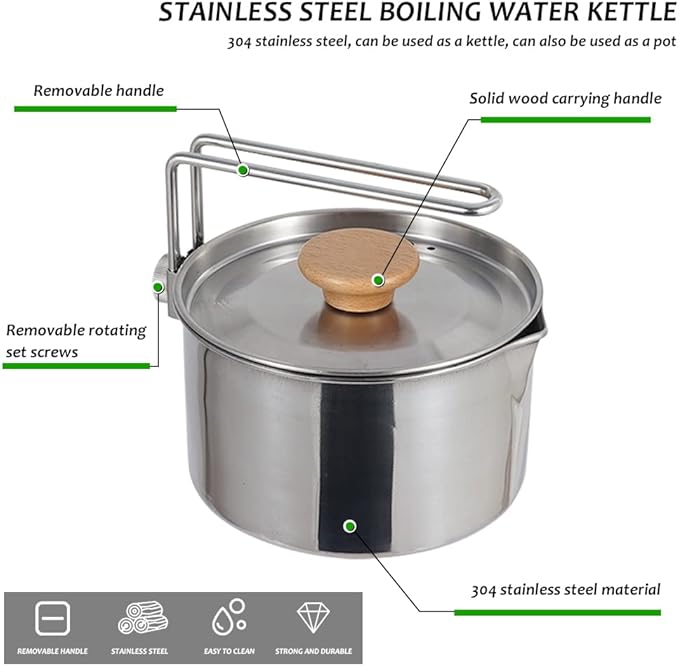 Stainless Steel Camping Pot with Lid and Removable Handle, Light Weight Outdoor Camping Kettle