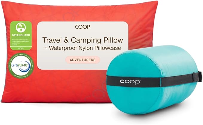Coop Home Goods Original Adjustable Travel Pillow and Waterproof Pillow Protector Red Bundle with