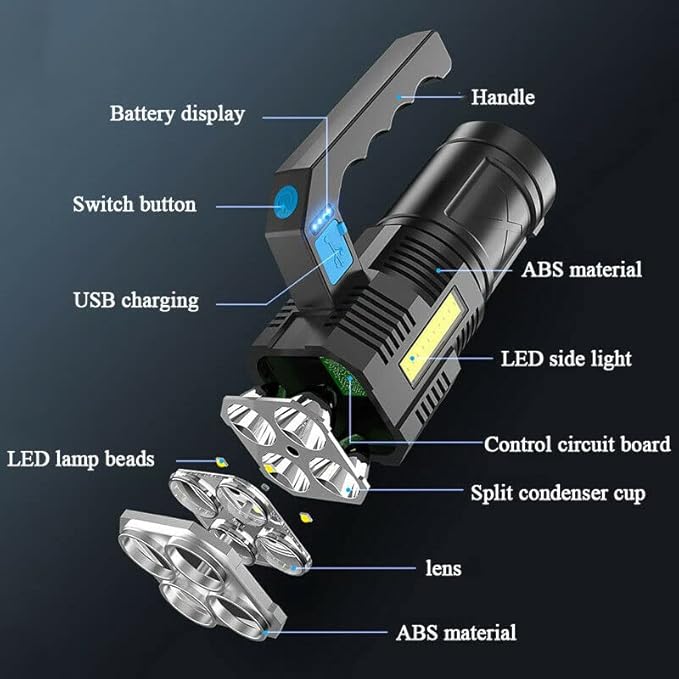 LED Flashlight USB Rechargeable, High Lumens Tactical Light with Sidelight, 4X LED, Zoomable