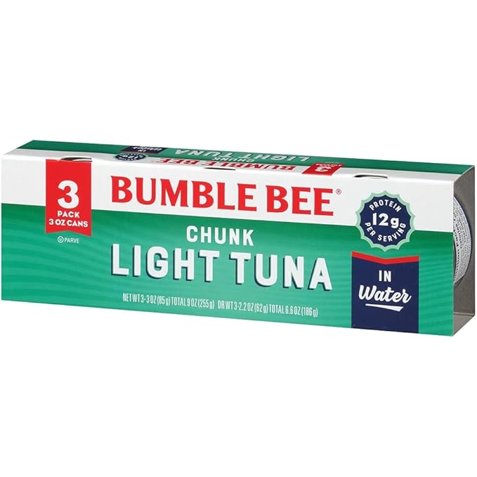 Bumble Bee Chunk Light Tuna In Water, 3 oz Cans (Pack of 3) - Wild Caught Skipjack Tuna - 12g