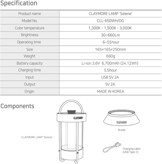 CLAYMORE Selene Lamp (Dark Gray) - Aesthetic Portable Outdoor Lamp, 4 Mood Lights, 6,700mAh