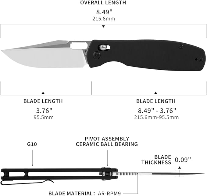 CJRB Prado Folding Pocket Knife 3.76" AR-RPM9 Sand Polish Steel Blade Black G10 Handle Crossbar