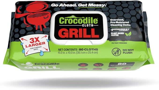 Crocodile Cloth Grill - 80 (15" x 10") Plant-based Cleaning Wipes. Safe on Skin & Multiple