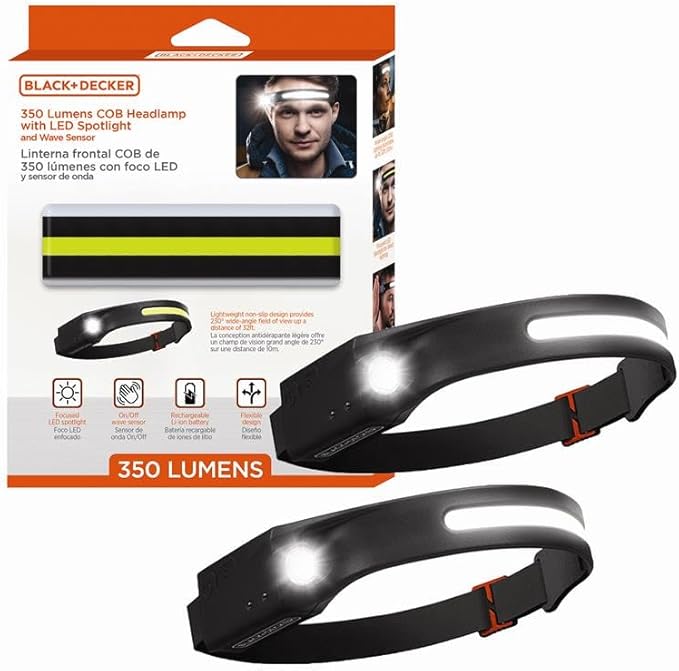 BLACK+DECKER Rechargeable Headlamp with Flashlight & Wave Sensor 2-Pack, 350 Lumens LED 230° Beam