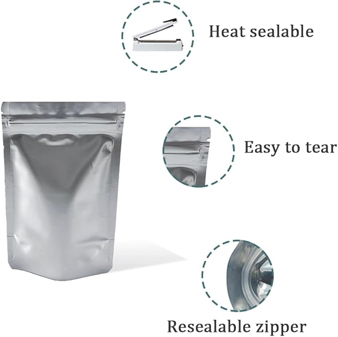 PABCK Small Stand-Up Resealable Heat Seal Bags 3.55mil Frosted Silver Mylar Foil Sealed Bags 50