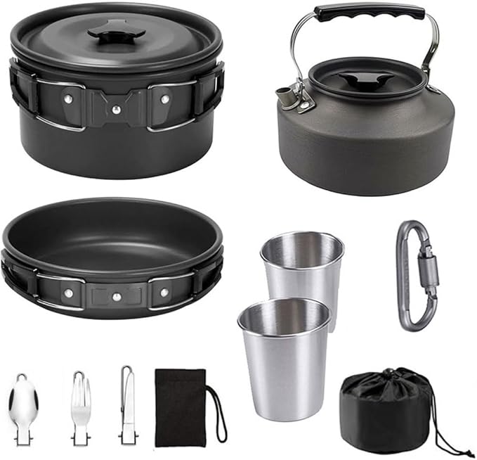 Camping Cookware Set Lightweight Portable Pot Pan Kettle Cups Spoon Fork Cutter with Carry Bag for