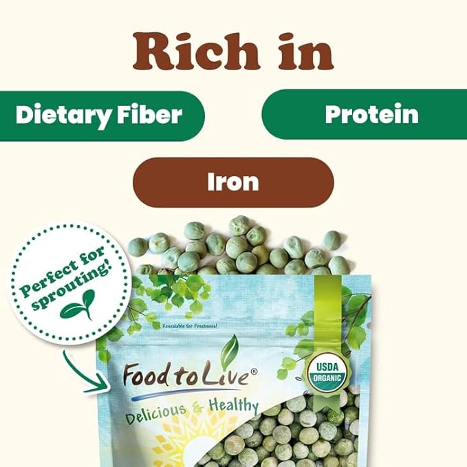 Food to Live - Organic Whole Dried Green Peas, 2.5 Pounds Non-GMO, Green Vatana, Sproutable, Vegan