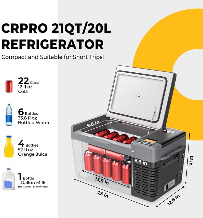 BougeRV 12 Volt Refrigerator, CRPRO 21 Quart 12V Car Fridge, Portable Freezer (-8℉~50℉), Compressor