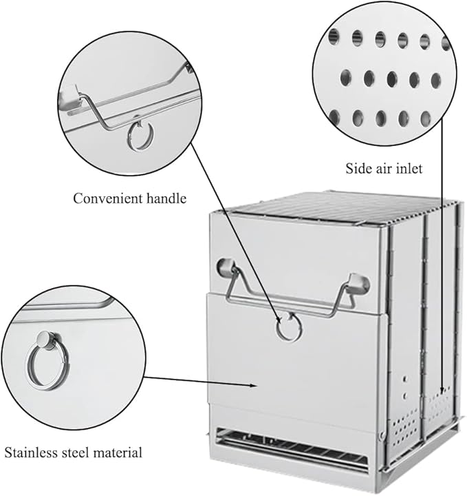 Foldable Camping Wood Burning Stove with Grill, Camp Stove Collapsible Backpacking Survival Stove