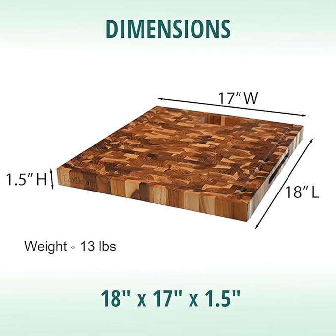 EcoDecors, Teak End Grain Cutting Board 17"x18", FSC Teakwood Butcher Block with Juice Groove