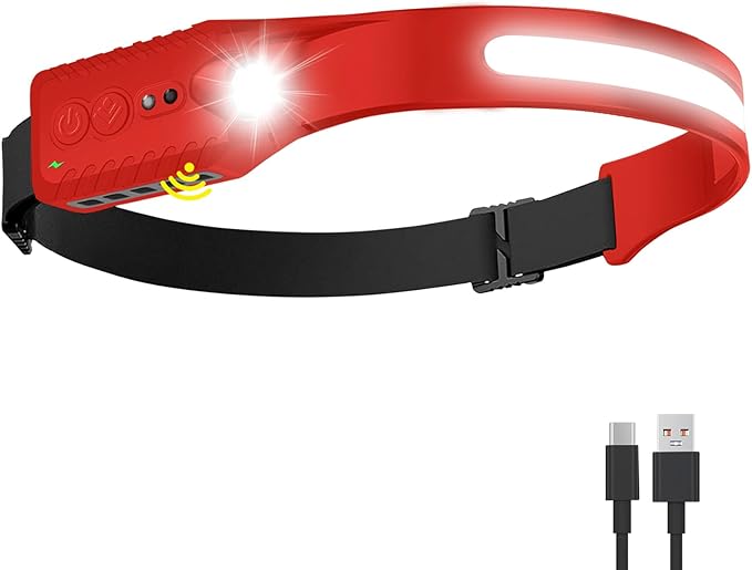 Rechargeable LED Headlamp (Red), 400 Lumens, 230° Wide Beam, USB-C, IPX4, 5 Modes ??Lightweight
