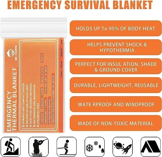 Emergency Mylar Thermal Blankets -Space Blanket Survival kit Camping Blanket (4-Pack). Perfect for