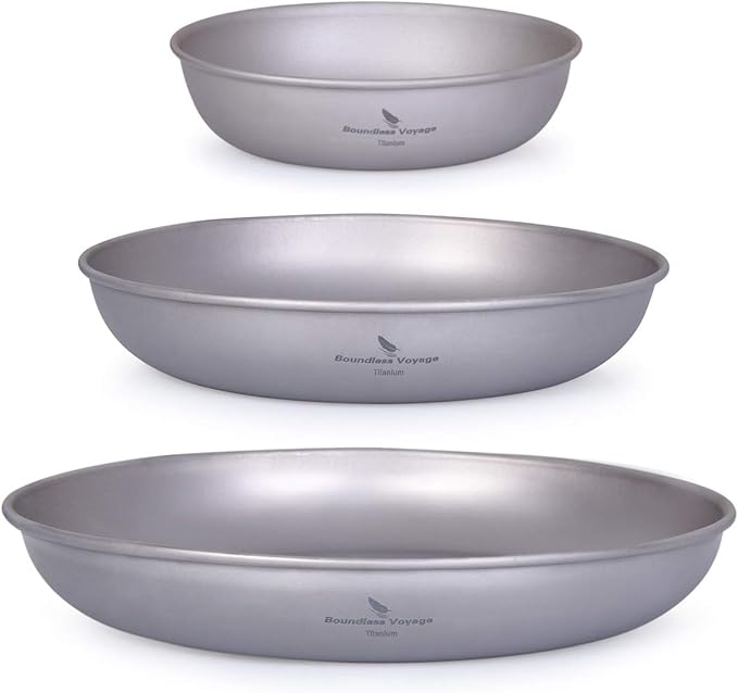 iBasingo 3 Pieces Titanium Plates Set Camping Metal Durable Cooking Pan Dishes Plates Saucer